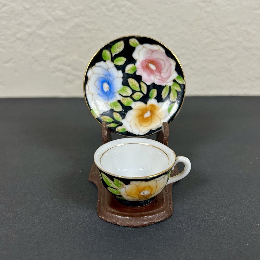 VTG Miniature Tea Cup Saucer w/Stand Made in Occupied Japan Hand Painted Floral